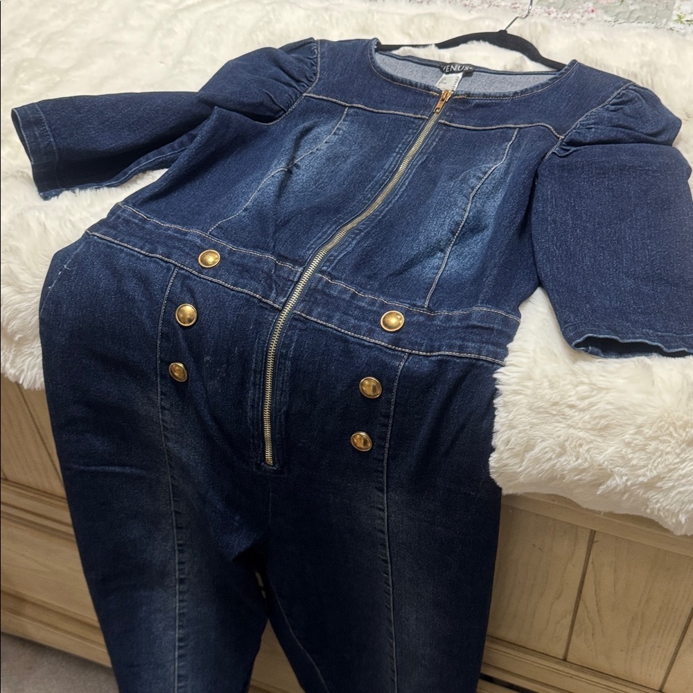 VENUS Dark Blue Denim Jumpsuit with Gold-Tone Buttons - Picture 5 of 5